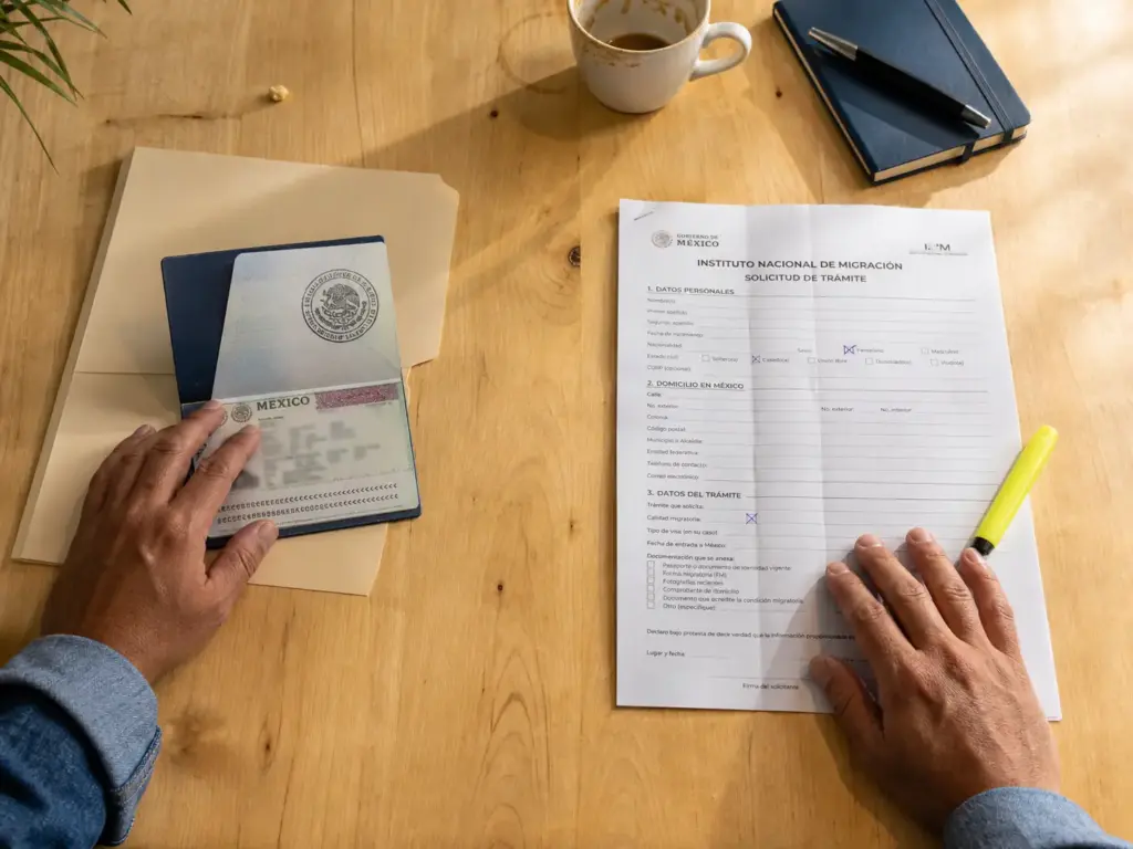 Mesa de trabajo con pasaporte con visa mexicana y solicitud del INM lado a lado