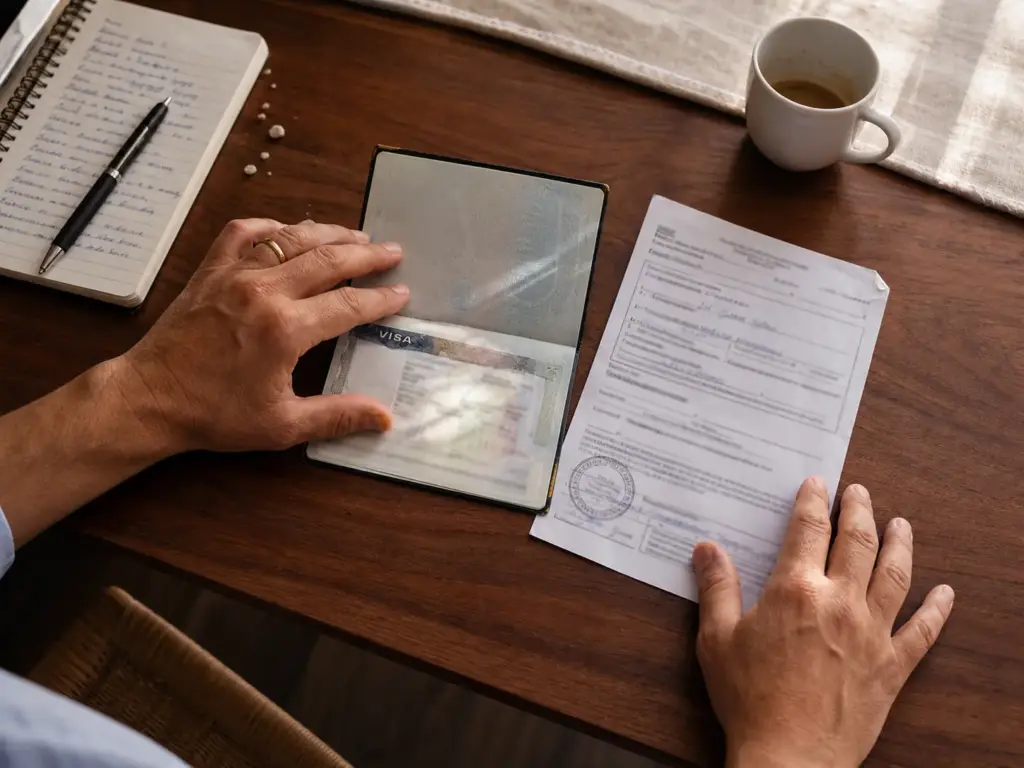 Manos comparando una visa en el pasaporte y el comprobante FMM que define la condición de estancia en México