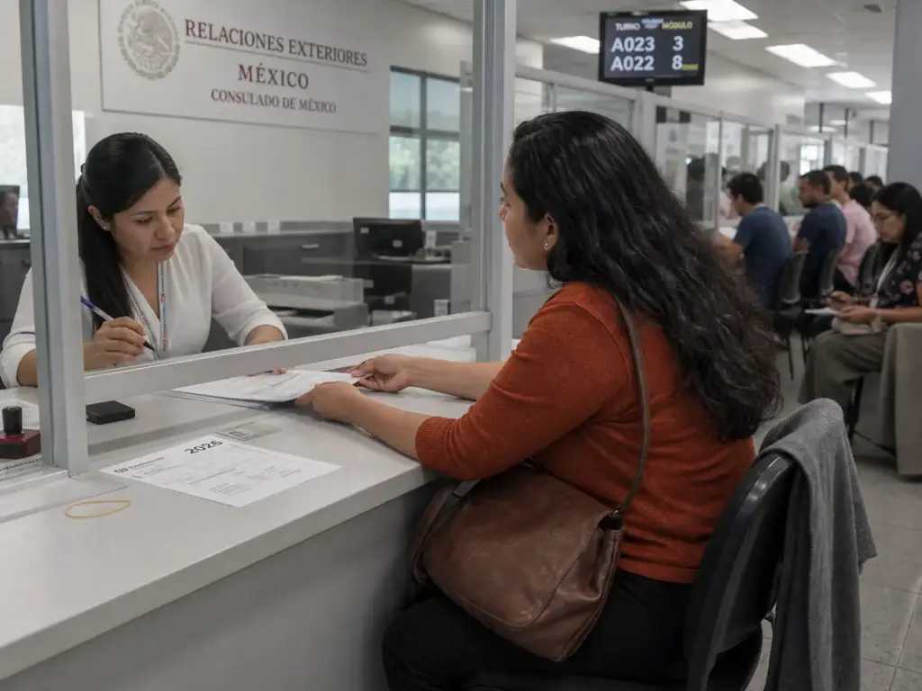 Mujer atendida en la ventanilla de una oficina consular mexicana para trámite de pasaporte