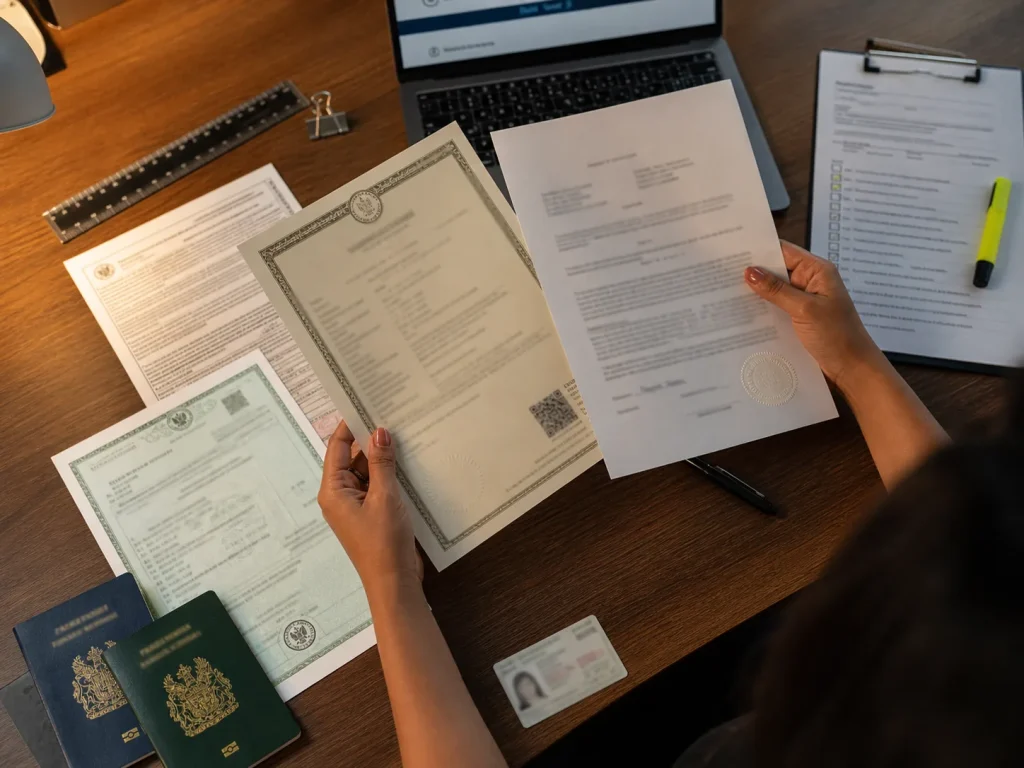 ¿Calificas por Unidad Familiar? Cómo Saberlo y Probarlo 3 Actas apostilladas y traducciones sobre la mesa para probar vínculo de unidad familiar
