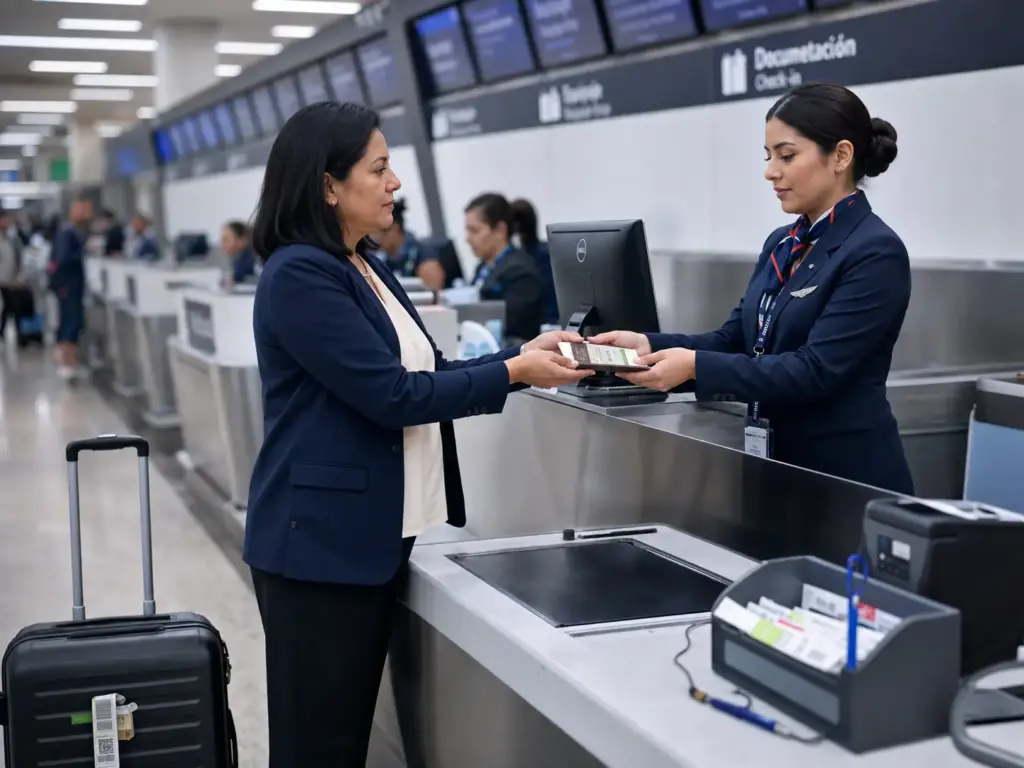 Pasajero mostrando su visa de otro país en el mostrador de la aerolínea antes de volar a México