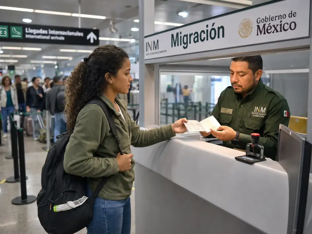 Viajera en el filtro migratorio del INM en un aeropuerto mexicano con su pasaporte y visa