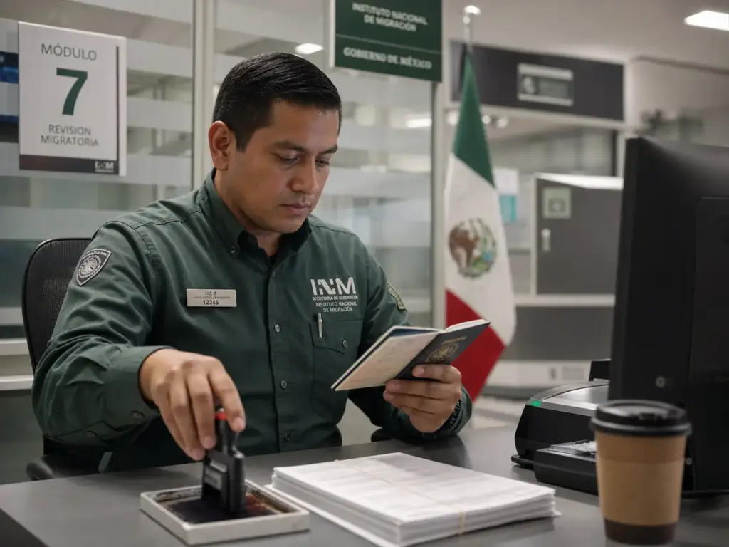 Agente del INM revisando documentos de ingreso y el plazo autorizado de estancia en México