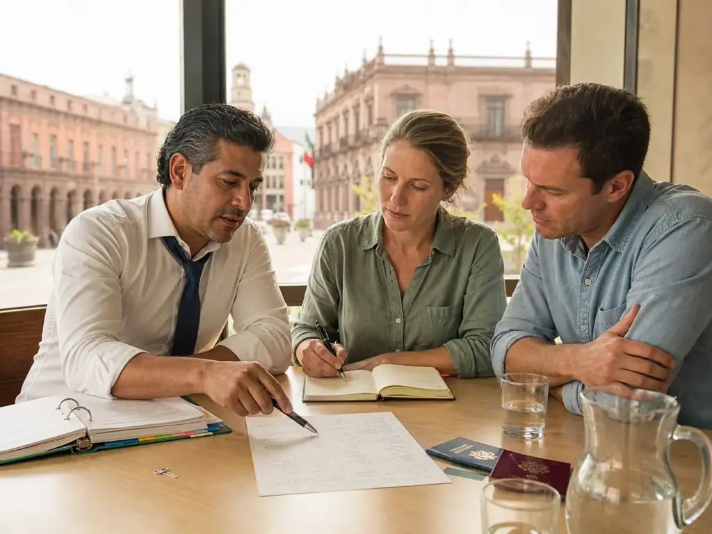 Pareja extranjera revisando con su abogado migratorio en Querétaro qué autoridad resuelve su caso