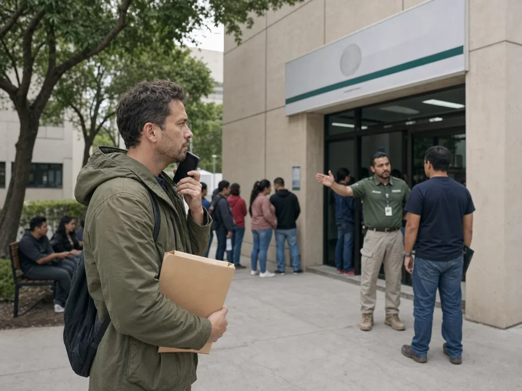 ¿Calificas por Unidad Familiar? Cómo Saberlo y Probarlo 6 Persona extranjera frente a una oficina del INM evaluando su vía de unidad familiar