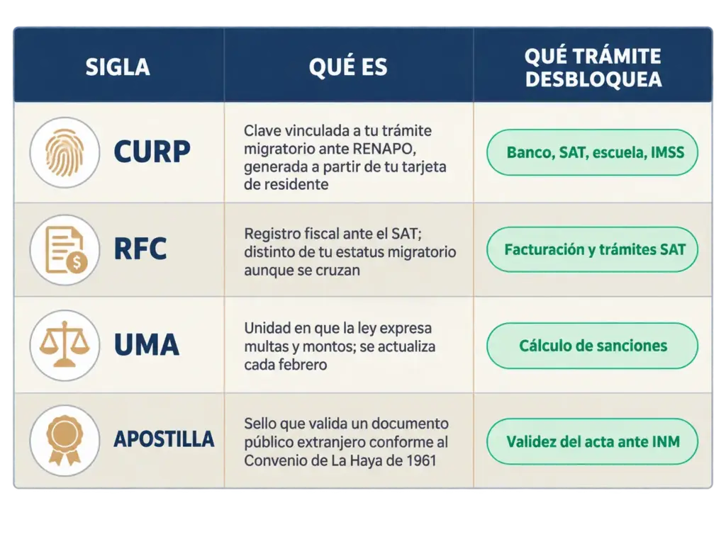 Glosario Migratorio de México Explicado en 2026 5 Tabla comparativa mostrando CURP, RFC, UMA y apostilla con qué son y qué trámite desbloquean