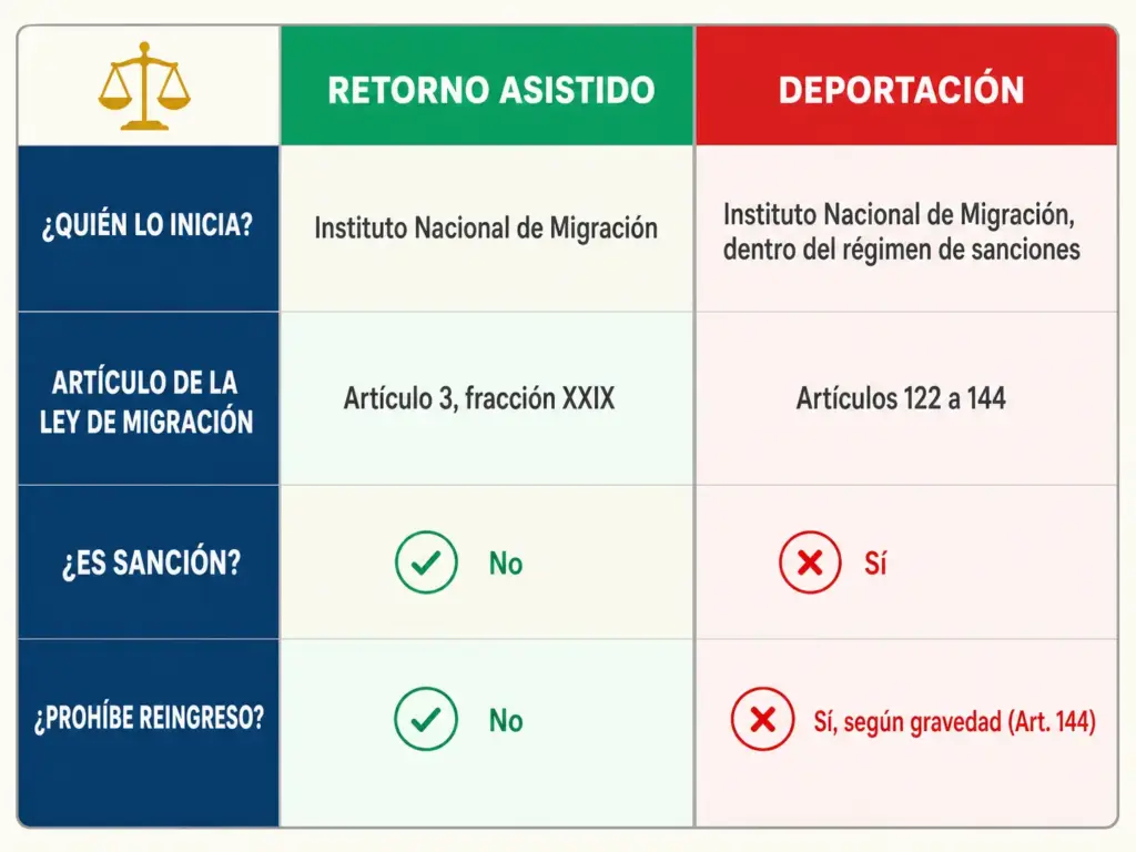 Glosario Migratorio de México Explicado en 2026 7 Tabla comparativa retorno asistido vs deportación con quién lo inicia, artículo legal, sanción y prohibición de reingreso