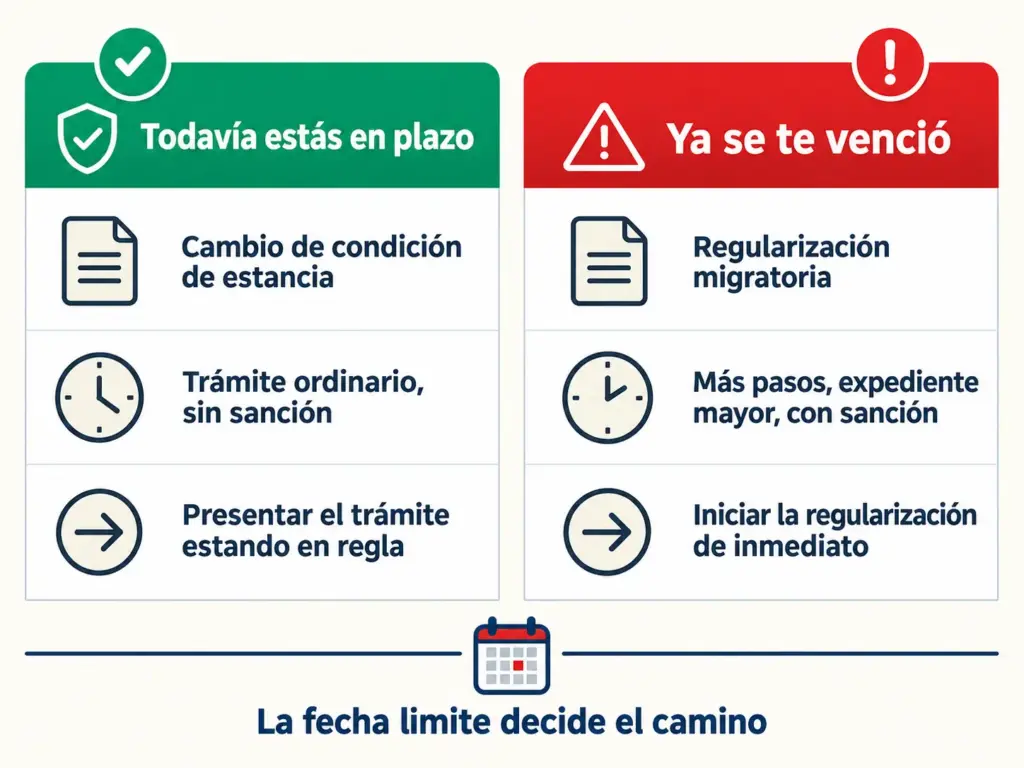 Infografía comparando trámite si tu plazo migratorio no ha vencido vs ya venció, con tiempo, costo y primer paso
