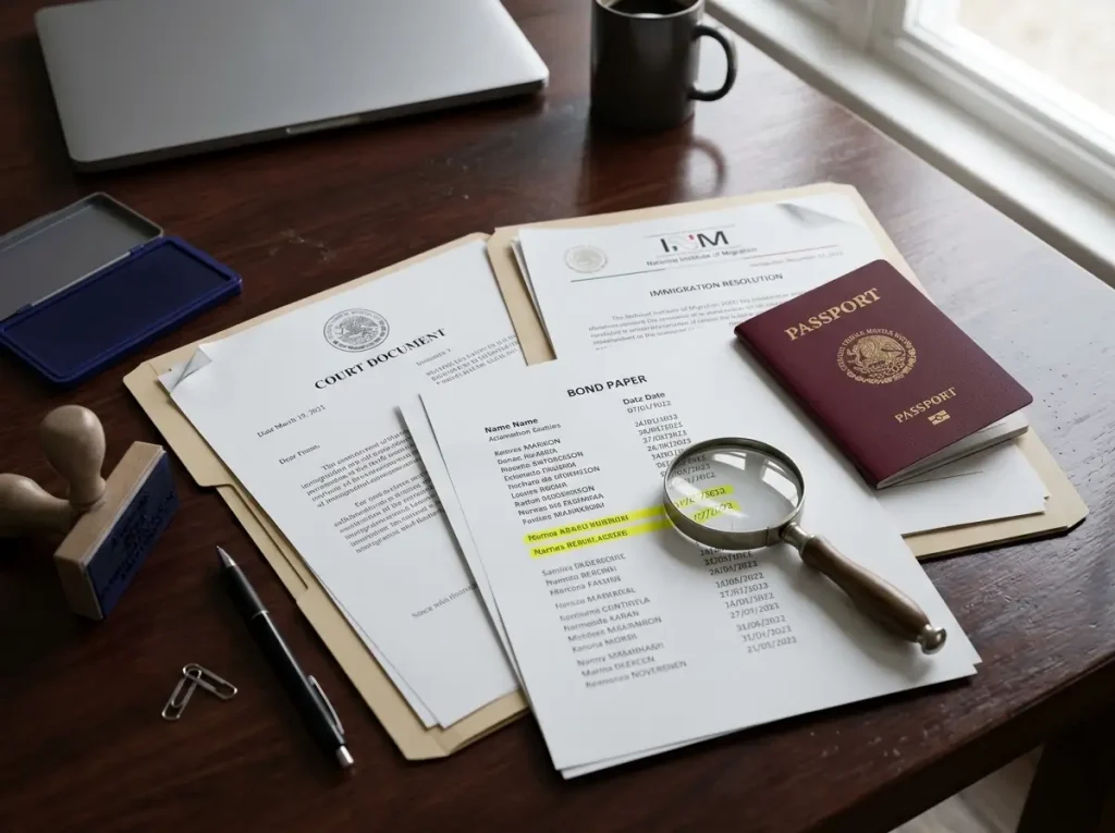 ¿Trámite del INM Congelado? Puede Ser Alerta Migratoria 4 Mesa con expedientes y documentos legales que ilustran las causas de una alerta migratoria en México