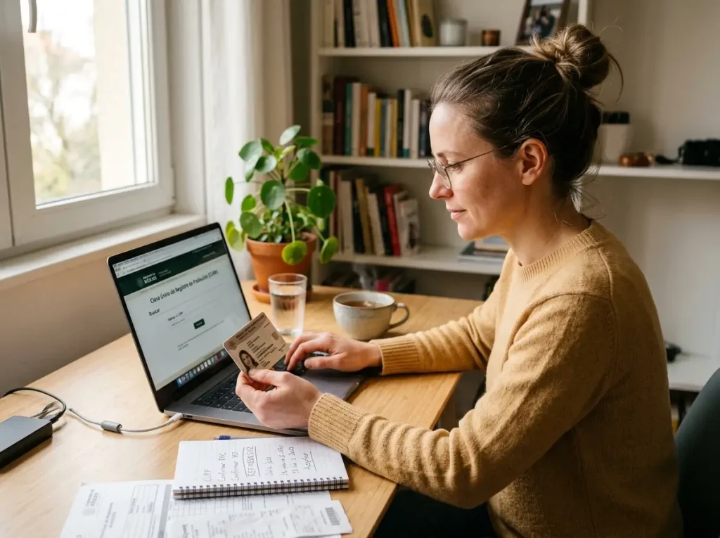 Extranjera consulta su CURP en línea con su NUE desde una laptop en casa