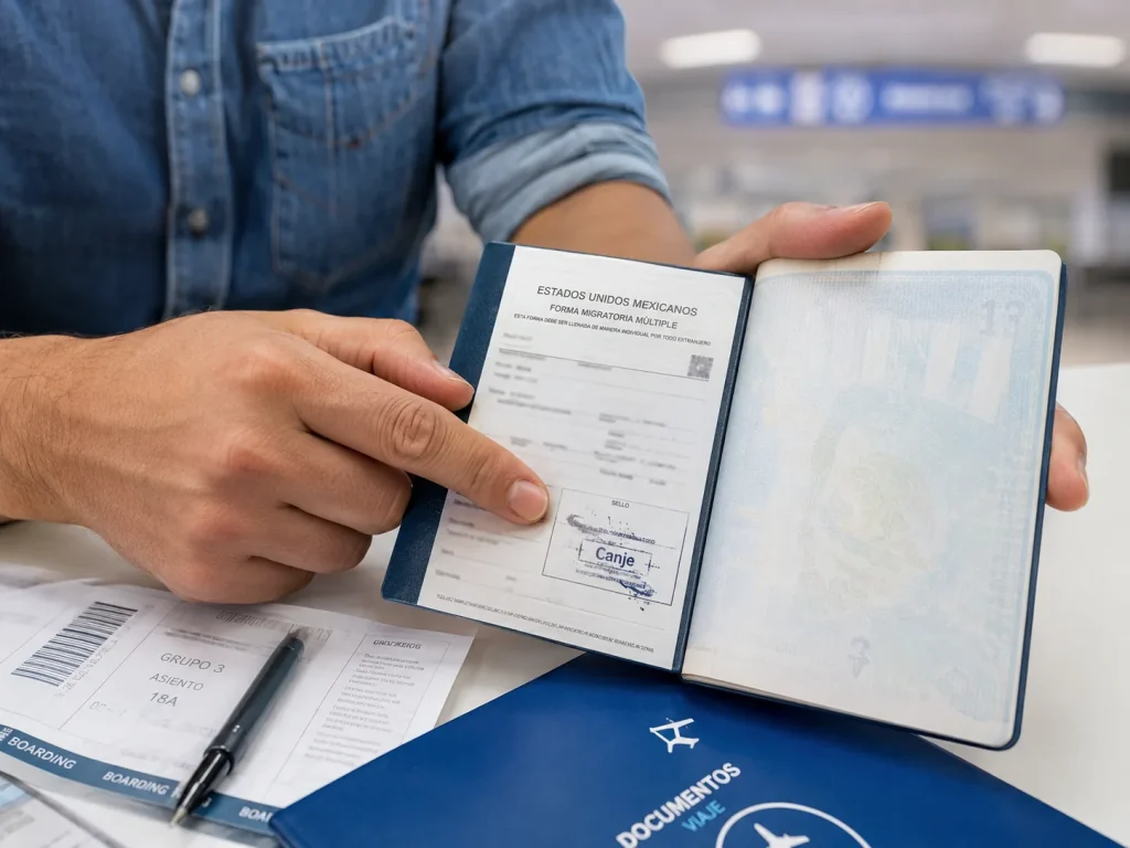 ¿SRE o INM? Quién Resuelve Cada Paso de Tu Residencia 8 Manos revisan el sello de canje en la forma migratoria y el pasaporte, el error más común al pasar de la visa al INM