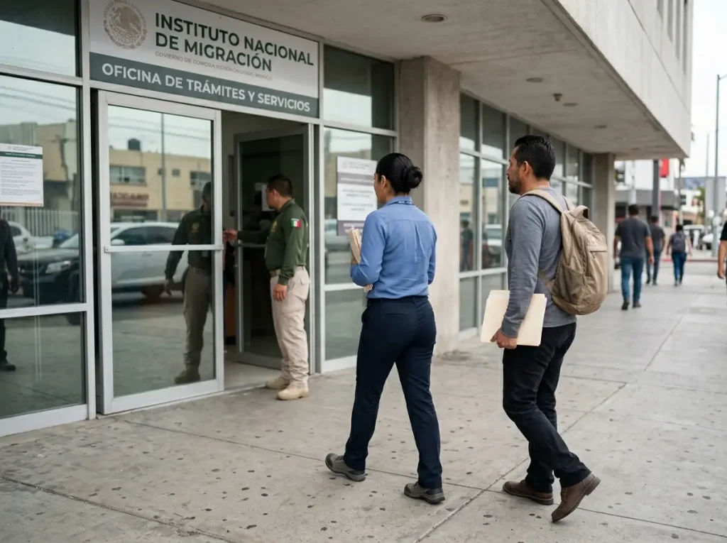 Pareja extranjera llega a la delegación del INM para renovar su residencia ligada a su NUE