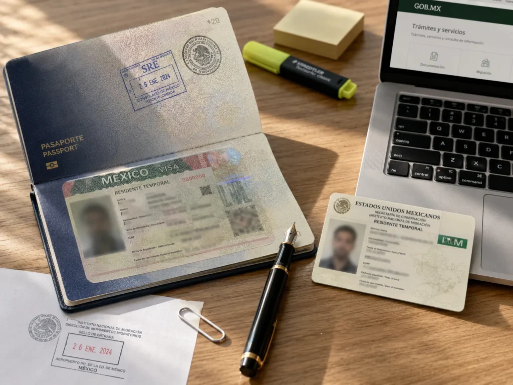 ¿SRE o INM? Quién Resuelve Cada Paso de Tu Residencia 2 Pasaporte con visa de residente junto a tarjeta de residente mexicana sobre escritorio, la visa del SRE y la tarjeta del INM
