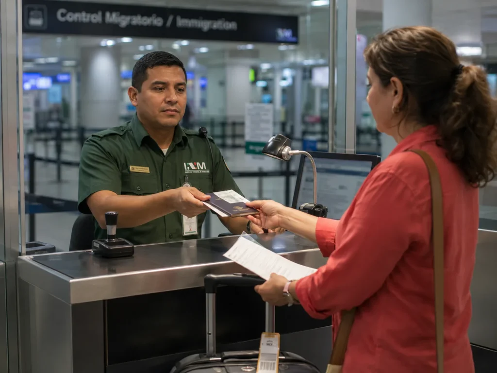 Requisitos de Visa para México, lo que Sí Pide el INM 8 Oficial del INM en el filtro migratorio revisando la visa y la FMM de un viajero en México
