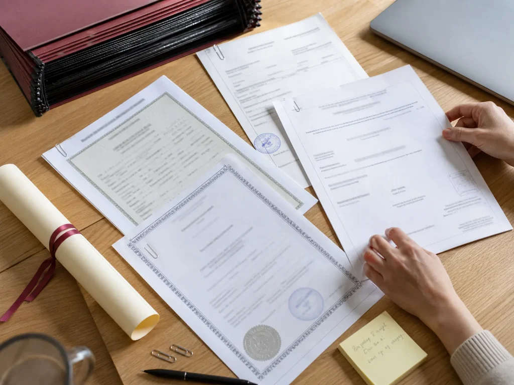 ¿Mi País Necesita Apostilla o Legalización? Guía Real 3 Documentos migratorios que requieren apostilla o legalización ordenados sobre una mesa de trabajo
