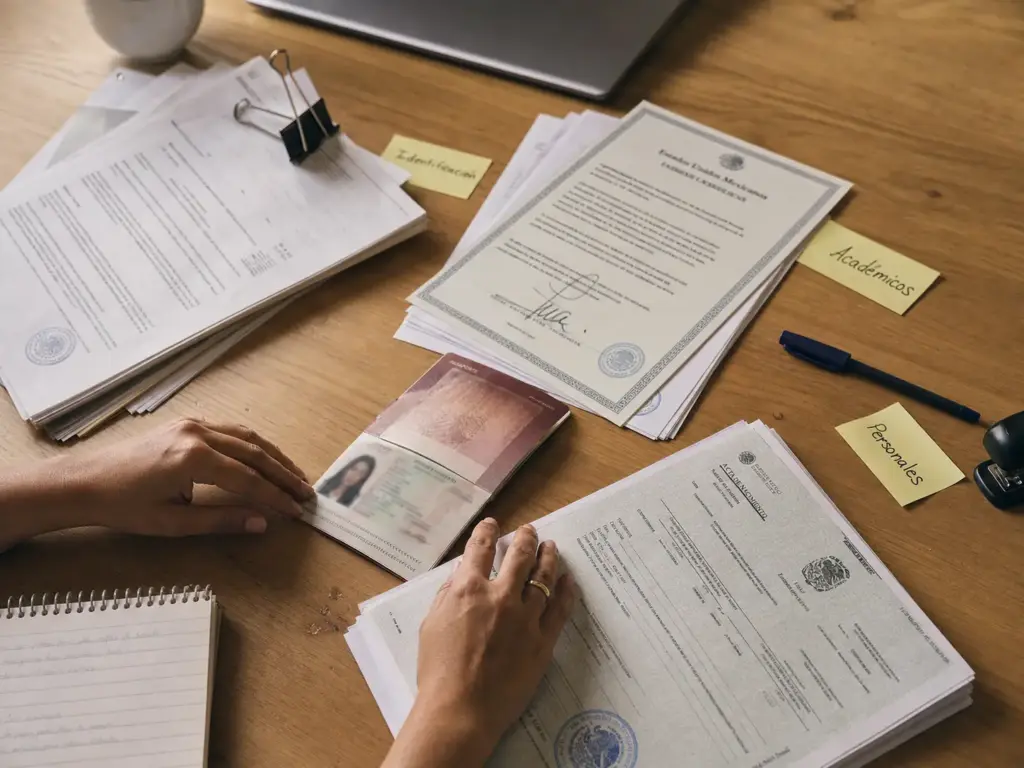 Requisitos Visitante Humanitario Quién Califica 2026 4 Mesa de trabajo con documentos y constancias oficiales para los requisitos del visitante humanitario