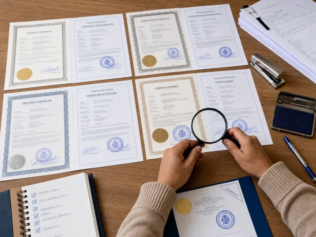 Documentos migratorios junto a su traducción por perito legal con sello y firma oficial