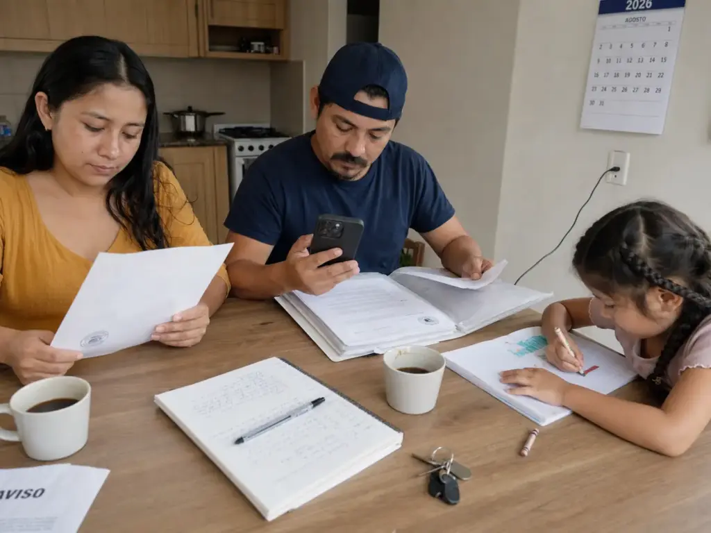 Familia solicitante de refugio organizando su constancia de trámite y documentos para la CURP temporal