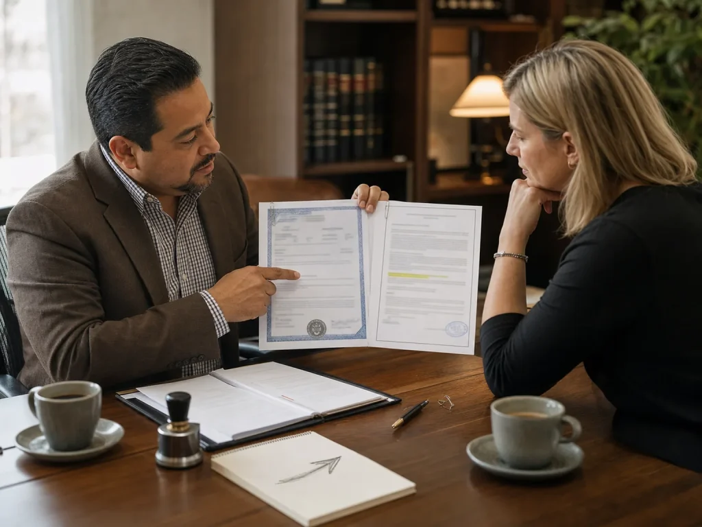 ¿Mi País Necesita Apostilla o Legalización? Guía Real 5 Abogado muestra a cliente el documento apostillado junto a su traducción de perito para evitar rechazos