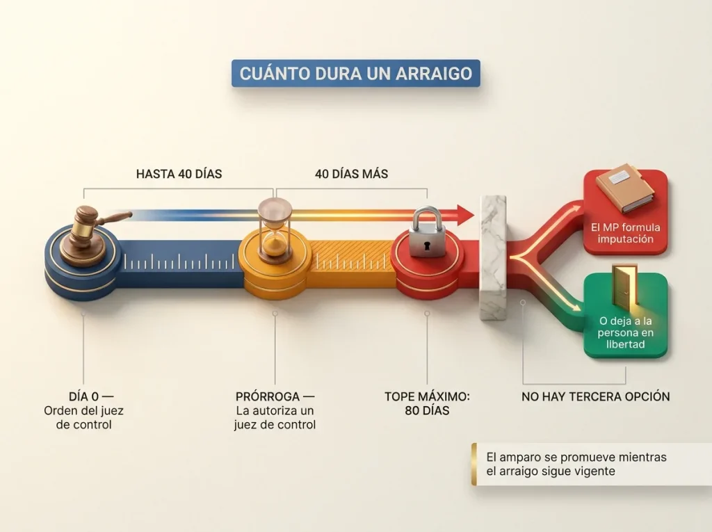 ¿El Arraigo en México te Quita la Residencia? 4 Infografía de línea de tiempo del arraigo con Día 0, plazo de 40 días, prórroga, tope de 80 días y decisión final del MP