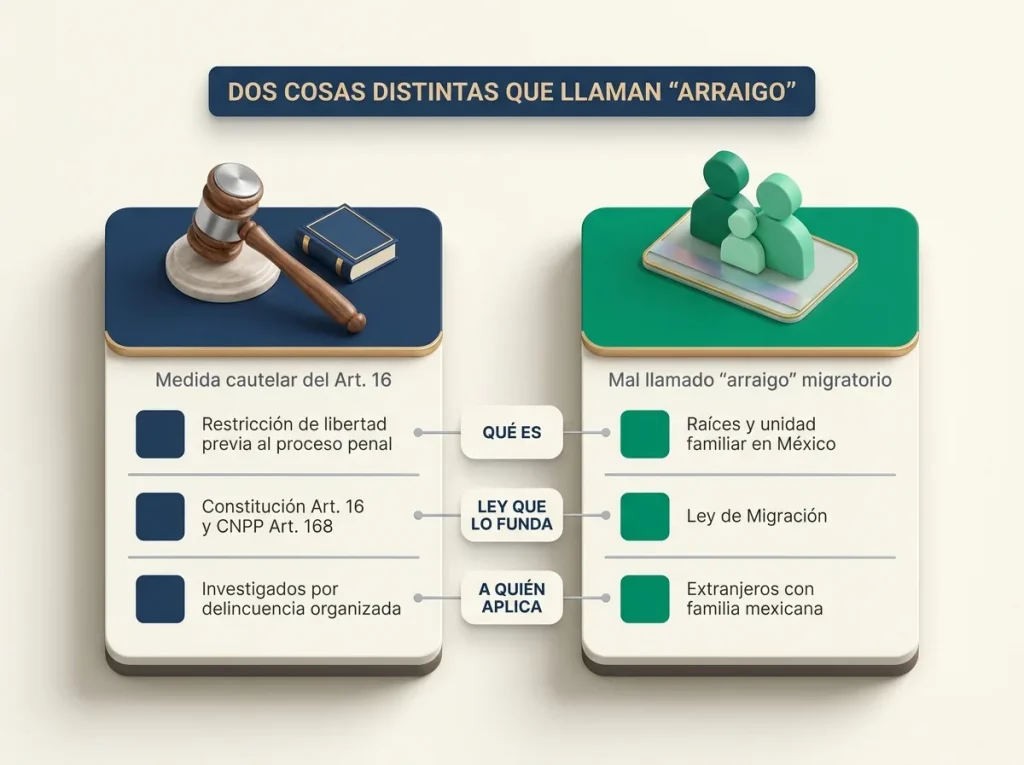 ¿El Arraigo en México te Quita la Residencia? 2 Infografía comparativa entre arraigo penal del Art. 16 y vínculo familiar migratorio con su ley base y a quién aplica