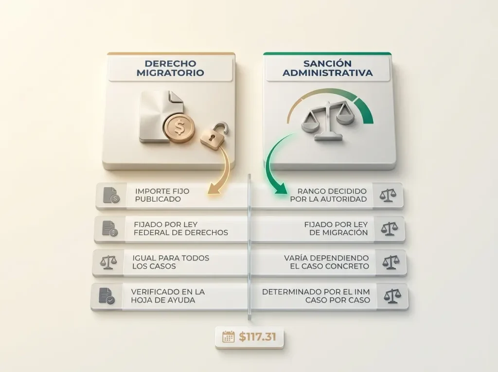 3 Errores al Calcular la UMA de tu Trámite Migratorio 9 Infografía comparando derecho migratorio (tarifa fija) vs sanción administrativa (rango en UMA) en 4 criterios clave