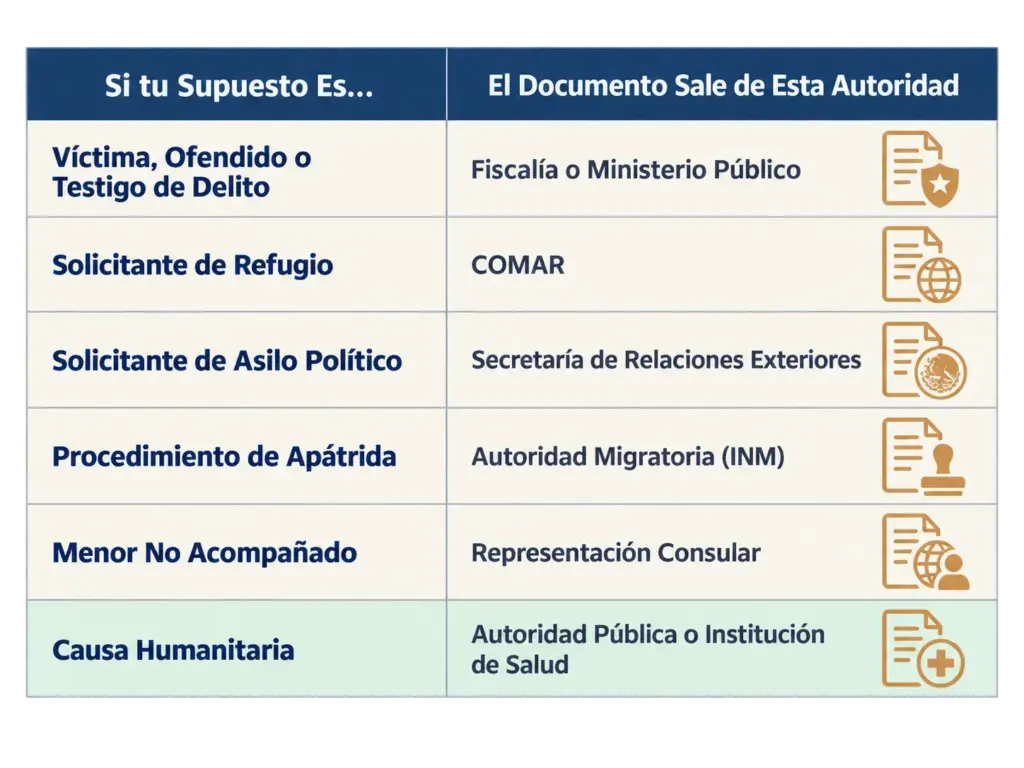 Requisitos Visitante Humanitario Quién Califica 2026 5 Infografía de referencia rápida en dos columnas: supuesto migratorio y la autoridad que emite el documento requerido