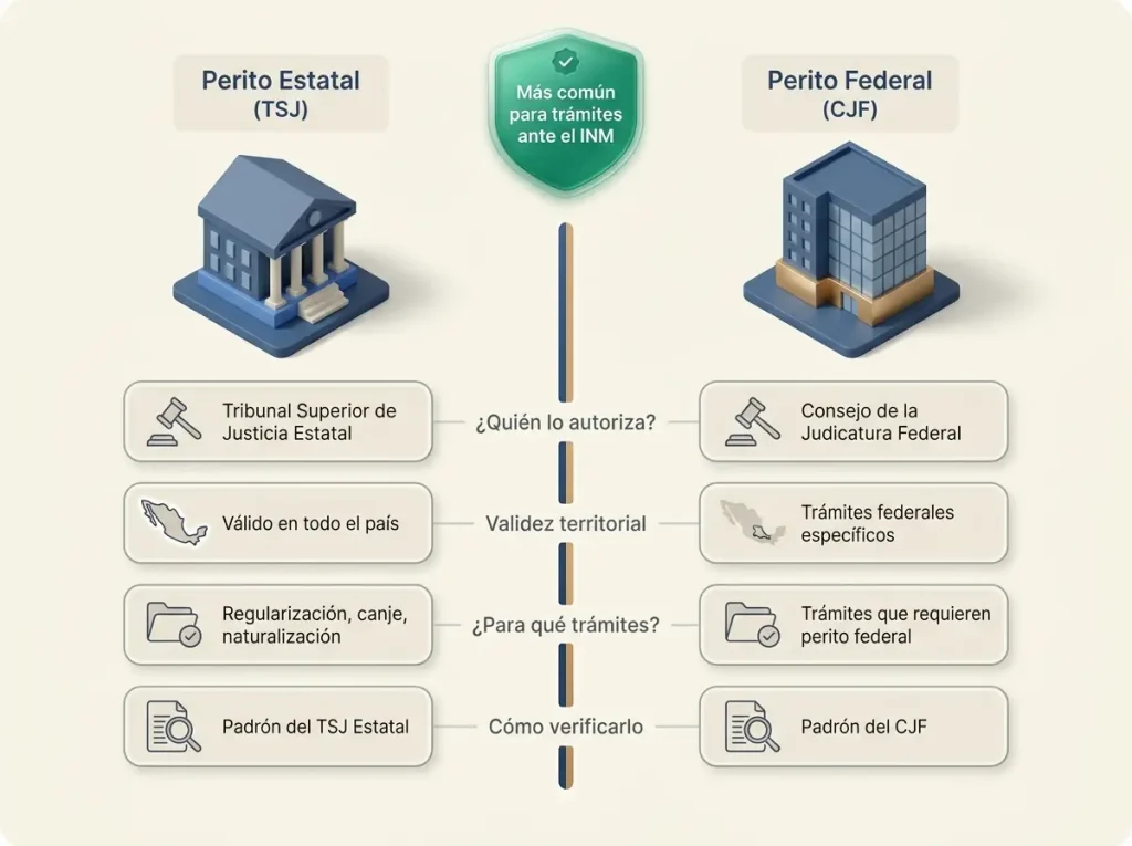 Infografía comparando perito traductor estatal TSJ vs federal CJF: autoridad, validez, trámites y verificación