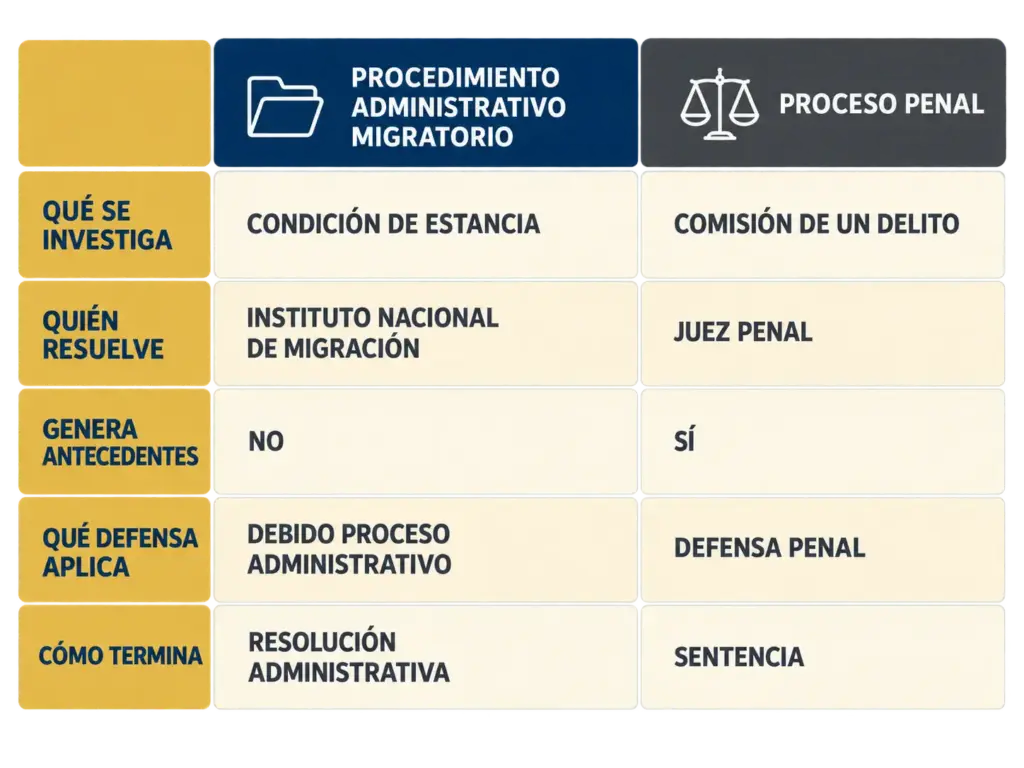 ¿Te Llevaron a una Estación Migratoria? Tus Derechos 2 Tabla comparativa de cinco filas entre el procedimiento administrativo migratorio y el proceso penal, mostrando sus diferencias en investigación, resolución, antecedentes, defensa y término