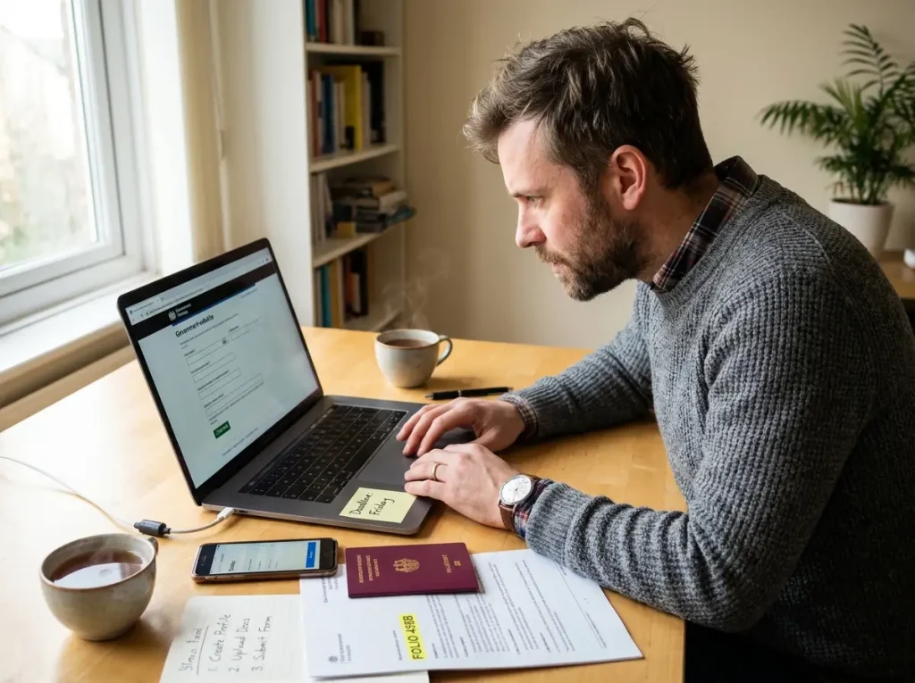 Extranjero agendando su cita en el INM paso a paso en una laptop con su pasaporte sobre la mesa