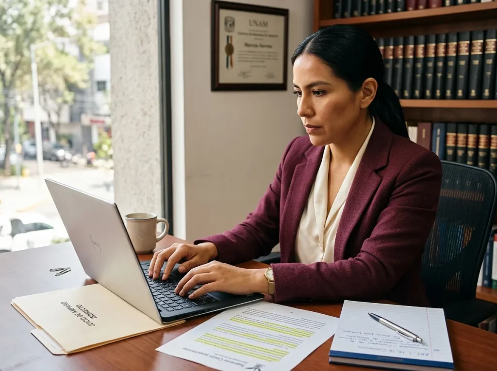 ¿El Arraigo en México te Quita la Residencia? 5 Abogado redactando un juicio de amparo contra una orden de arraigo en México en su laptop