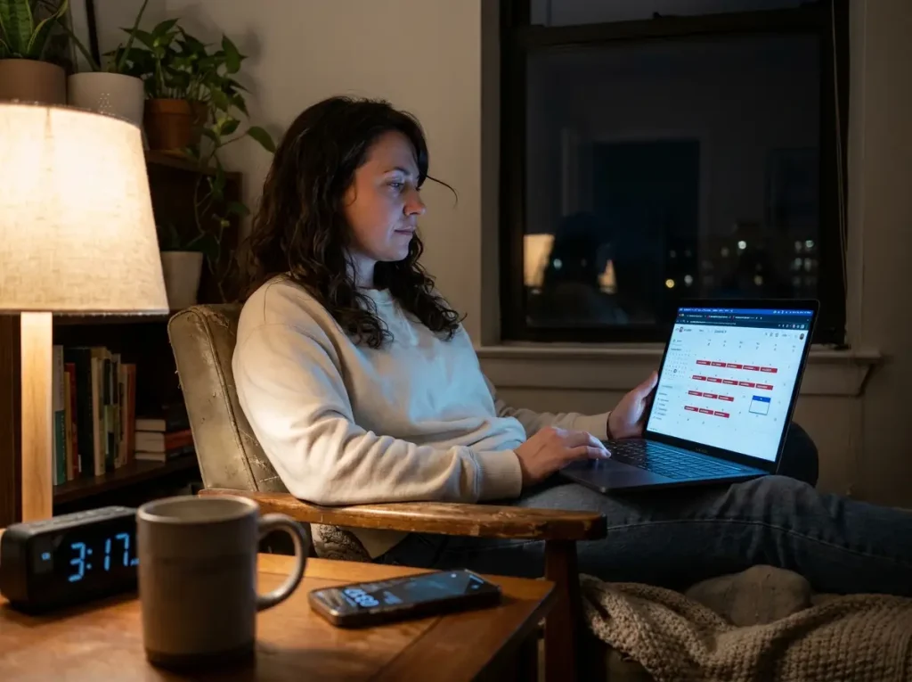Mujer revisando el sistema de citas del INM de noche en su laptop buscando cupos disponibles