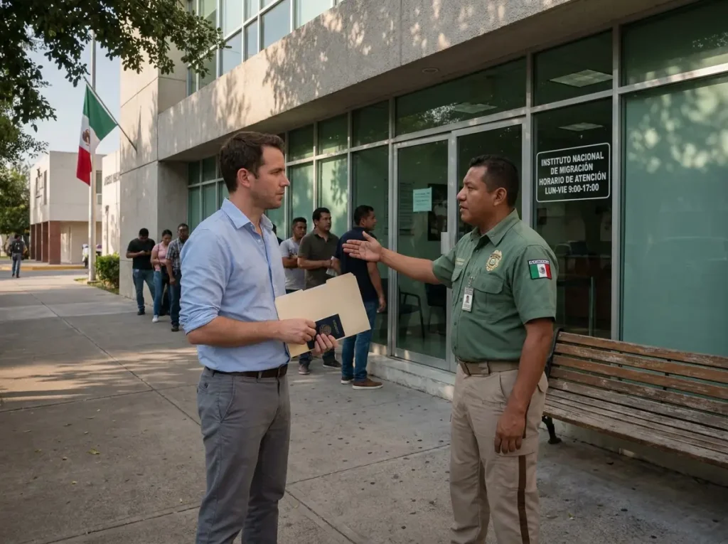 Extranjero frente a una delegación del INM consultando con un agente sobre el sistema de citas