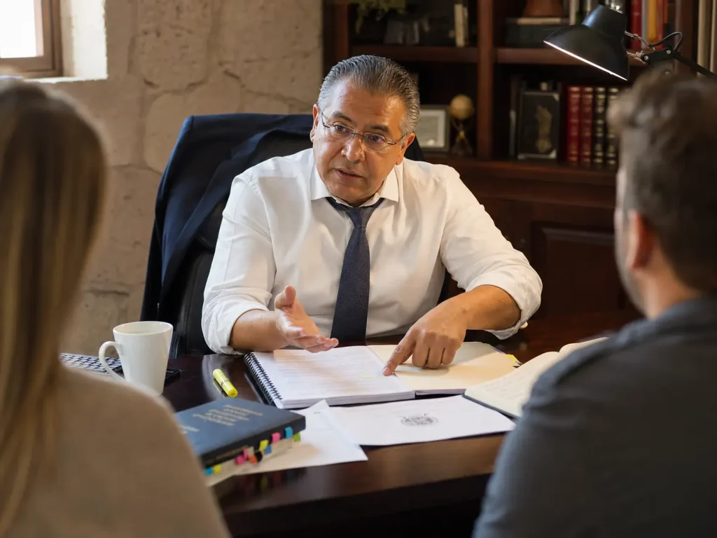 Abogado migratorio explicando a una pareja extranjera el alcance de la visa de visitante para adopción