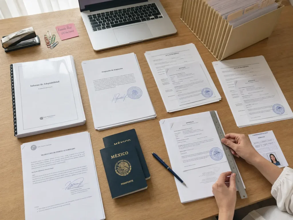Documentos apostillados y traducidos para la visa de visitante para trámites de adopción sobre una mesa de trabajo