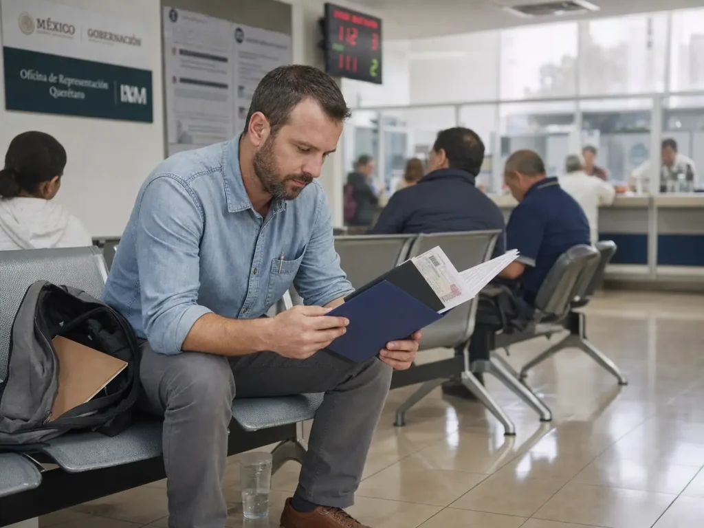 Extranjero esperando su turno en la delegación del INM en Querétaro para tramitar la Tarjeta de Visitante