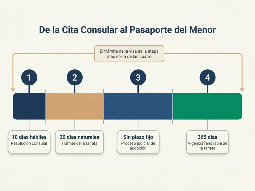 Infografía mostrando la línea de tiempo del proceso de adopción con los tres plazos: 10 días, 30 días y 365 días