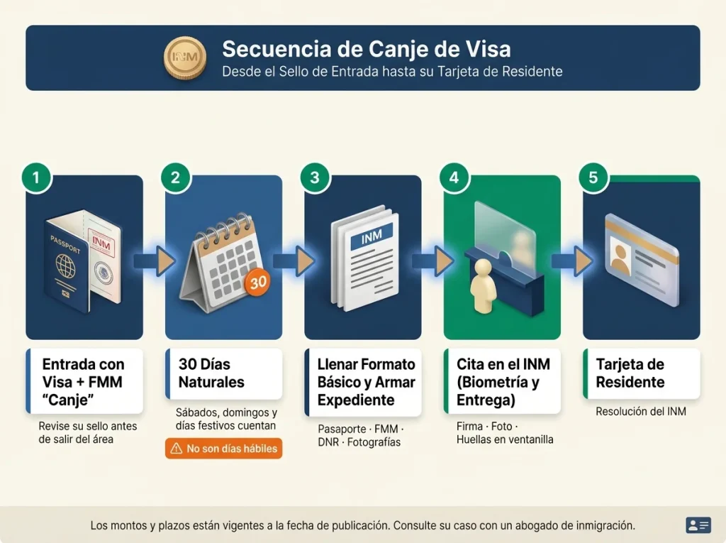 ¿Formato Básico vs FMM? Cuál Necesitas y Cuándo 8 Infografía con diagrama de flujo de 5 pasos del canje de visa en México: entrada, plazo, Formato Básico, cita INM y tarjeta de residente