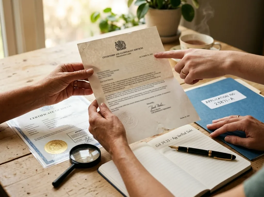 Manos revisando la Carta de Naturalización y el acta para tramitar la nacionalidad mexicana por opción