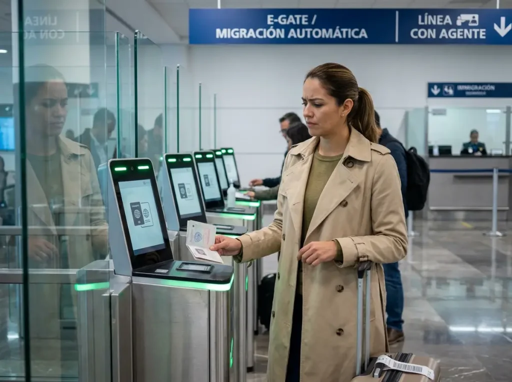 ¿Formato Básico vs FMM? Cuál Necesitas y Cuándo 4 Viajera ante las puertas automáticas del aeropuerto con riesgo de obtener una FMM de turista