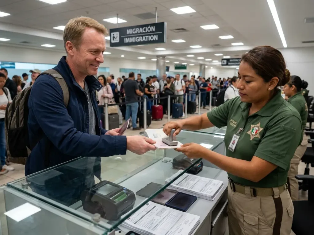 ¿Formato Básico vs FMM? Cuál Necesitas y Cuándo 1 Pasajero con visa estampada y FMM en el mostrador de migración del aeropuerto en México
