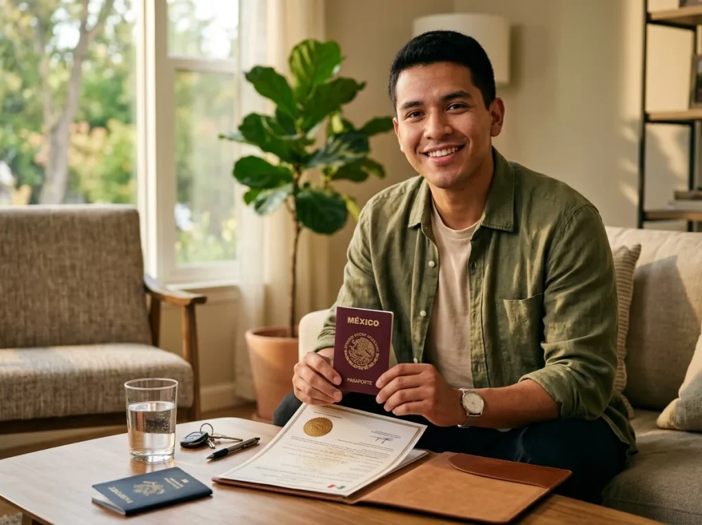 Joven sosteniendo su pasaporte mexicano tras completar su nacionalidad mexicana por opción