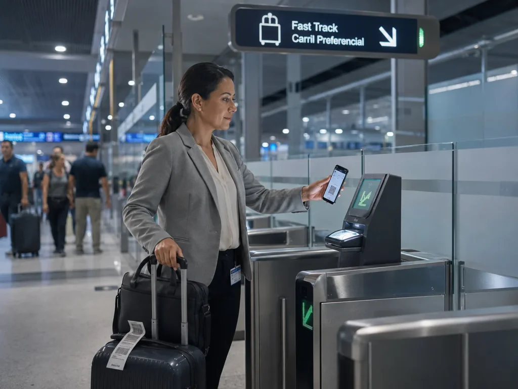 ¿Cuánto Cuesta de Verdad la Tarjeta APEC (ABTC)? 1 Viajera de negocios usa carril preferencial en aeropuerto con la tarjeta ABTC en su teléfono