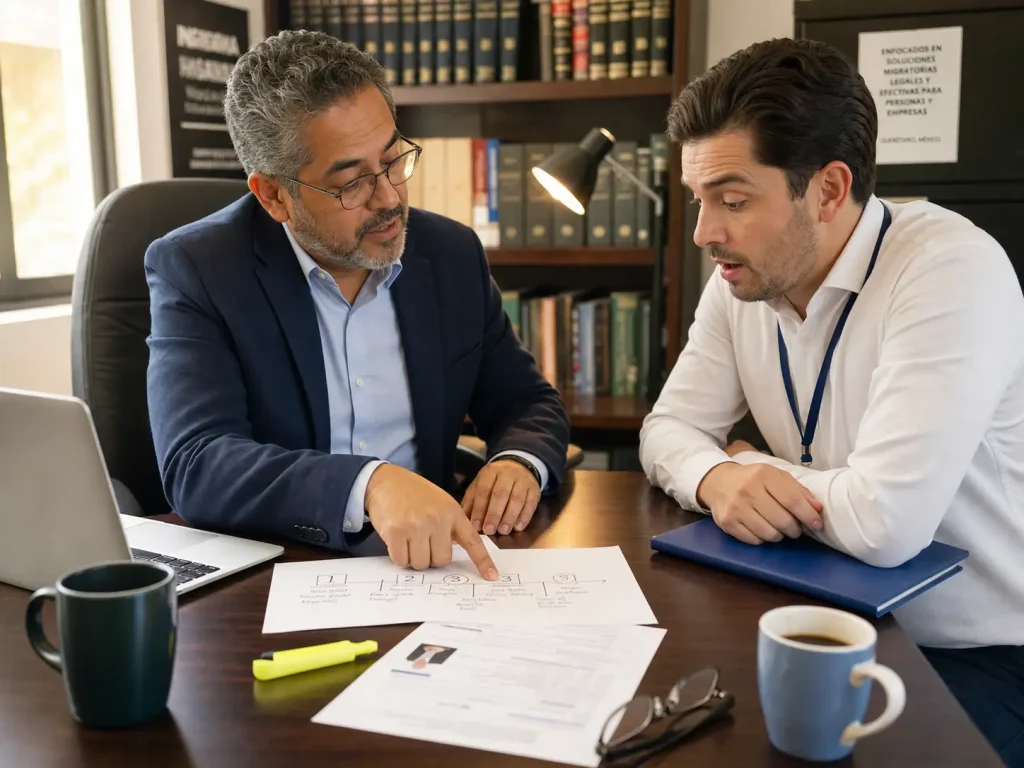 Abogado migratorio explicando a un director de recursos humanos por qué la CIE va antes de la visa de trabajo
