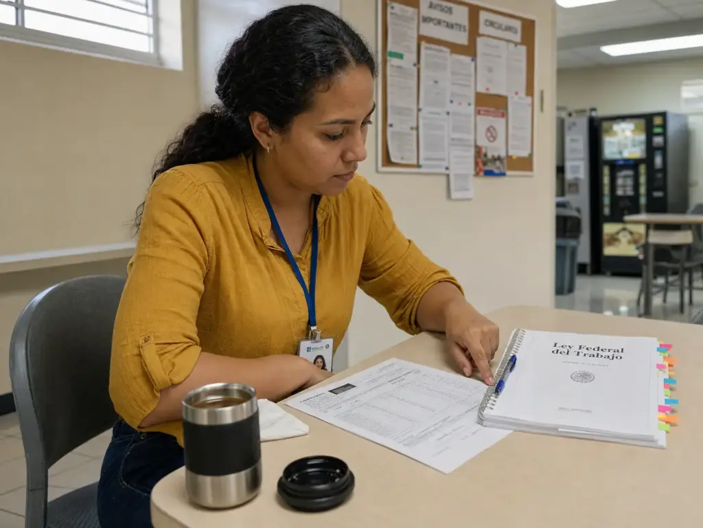 ¿Trabajas en México sin Permiso? Tus Derechos Siguen 1 Trabajadora extranjera revisando su recibo de nomina y la Ley Federal del Trabajo en su lugar de trabajo