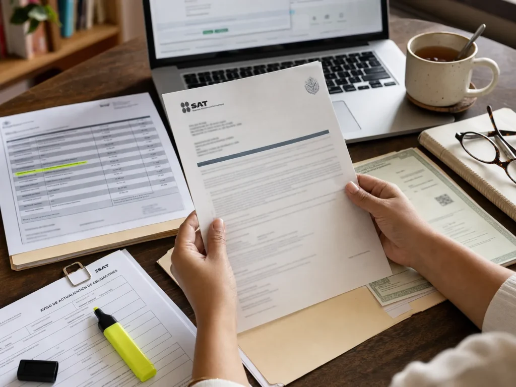 RIF vs RESICO ¿Cuál te Conviene Como Extranjero? 1 Documentos fiscales del RIF derogado sobre mesa de trabajo con extranjero revisando avisos del SAT