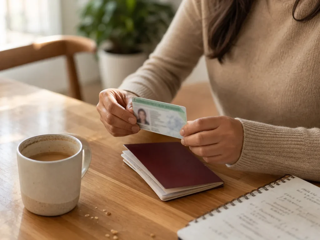 ¿Sin Tarjeta de Residente? Cómo Regresar a México 1 Manos de residente sostienen su tarjeta de residente vencida junto al pasaporte sobre una mesa en casa