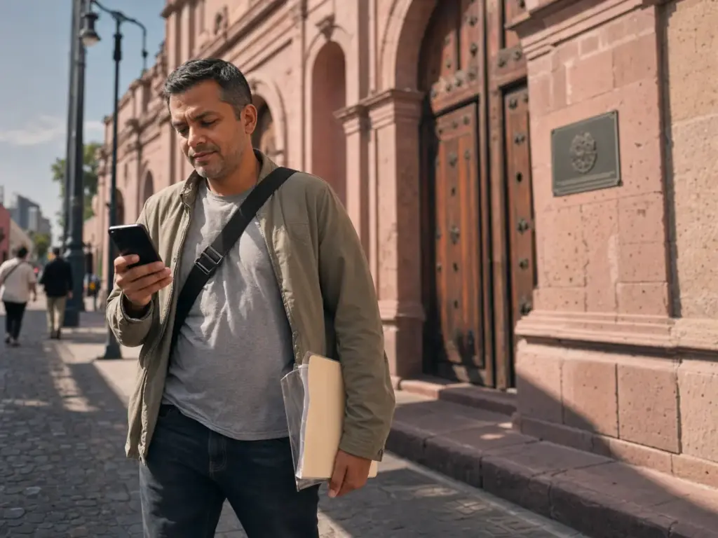 ¿Refugiado o Asilo Político? Cuál te Toca en México 11 Hombre extranjero consulta en su celular dónde solicitar refugio en Querétaro frente a un edificio de gobierno