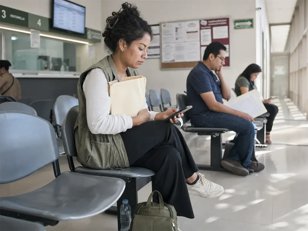 7 Errores Comunes del Canje de Visa y Cómo Corregirlos 2 Extranjera esperando su turno en oficina del INM durante el plazo del canje de visa