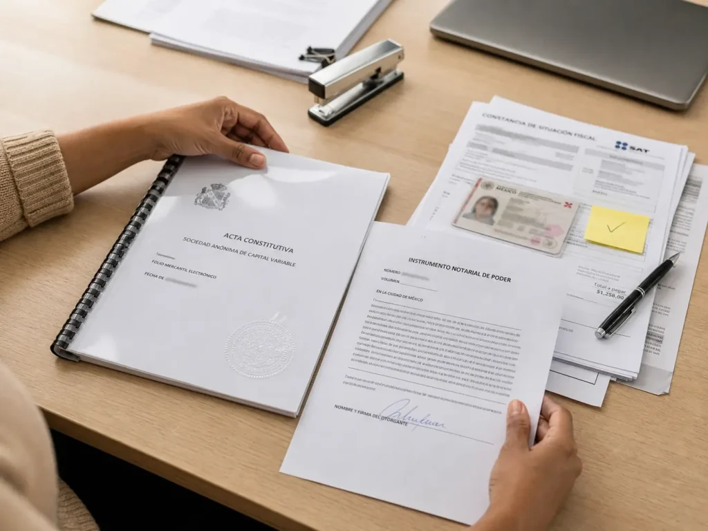 Manos separando acta constitutiva y poder notarial del resto de requisitos del trámite CIE